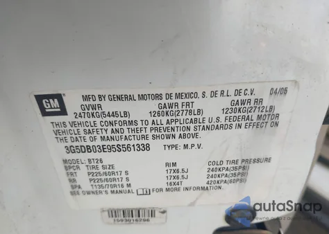 2005 Buick Rendezvous Cx z USA, uszkodzony, nr VIN 3G5DB03E95S561338